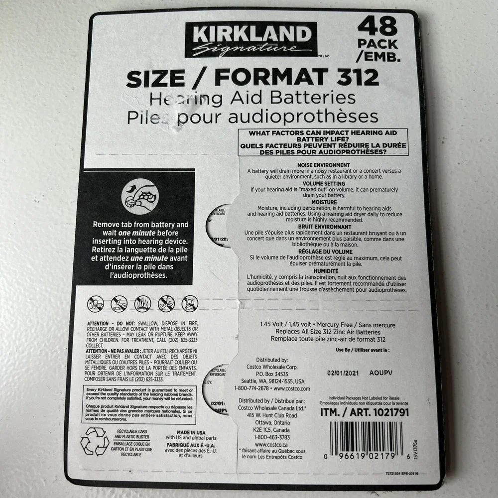 Kirkland Hearing Aid Batteries Sz 312 (Exp.5/27) Mercury Free 8 X 2 Packs= 16 ct